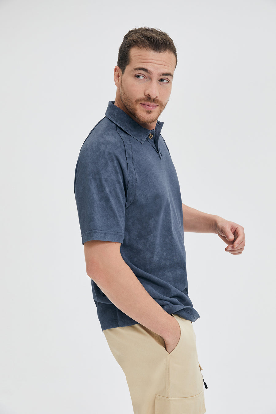 Eskitme Yıkamalı Lacivert Polo T-shirt